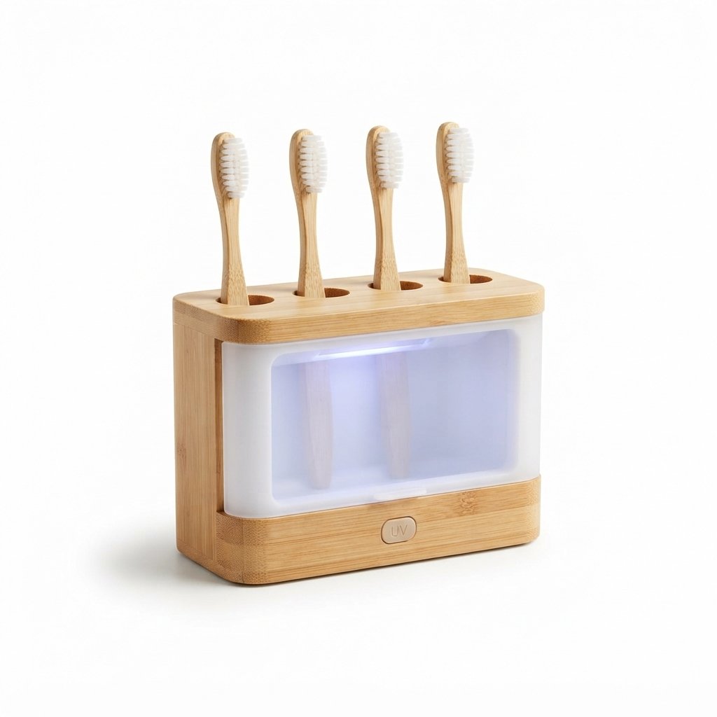 Support à brosses à dents en bambou avec chambre de désinfection UV