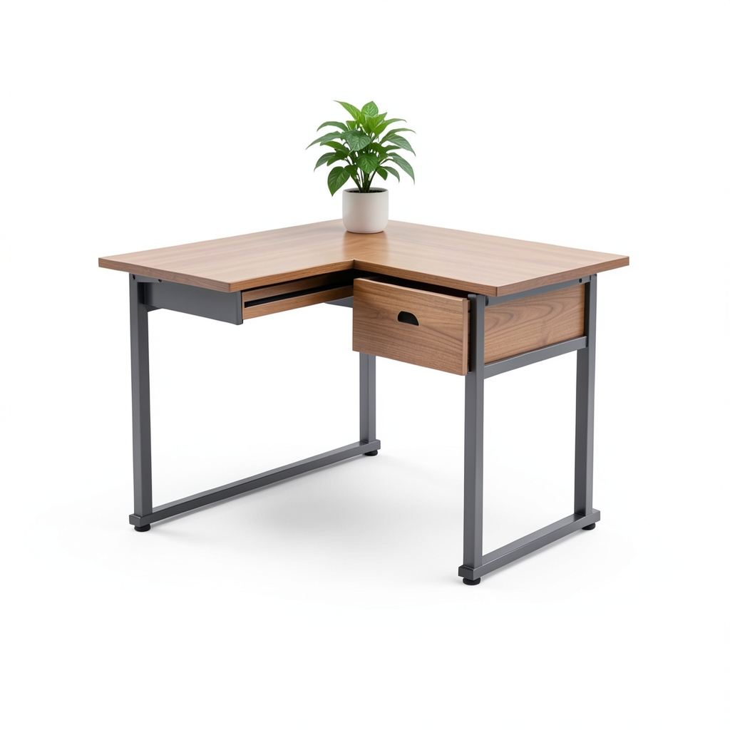 Bureau d'angle compact avec tiroirs intégrés et support de plantes