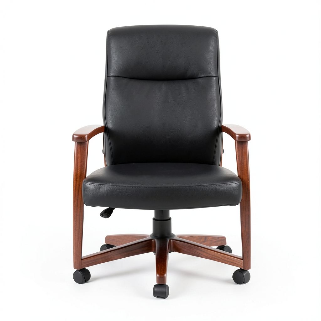 Chaise de Bureau Luxe en Cuir Noir à Structure Acajou