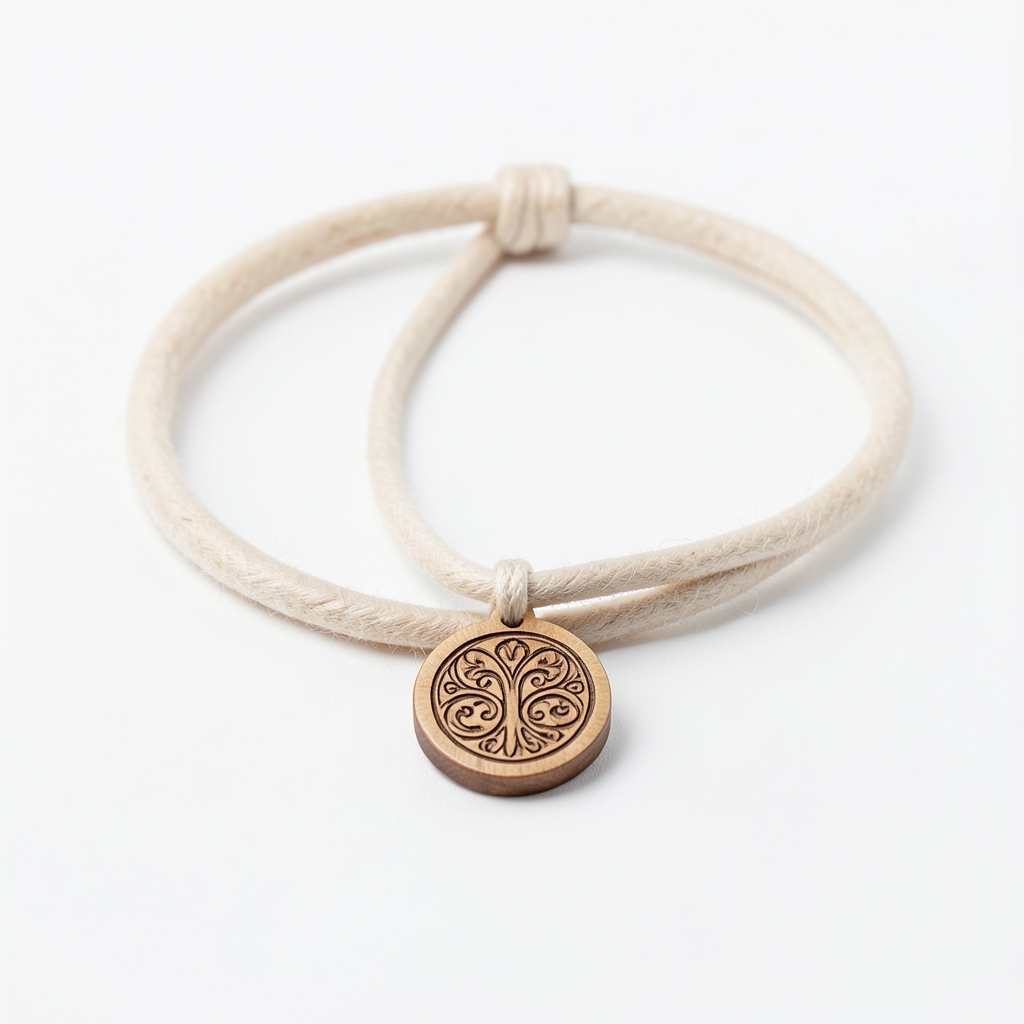 Collier en laine mérinos avec pendentif en bois gravé