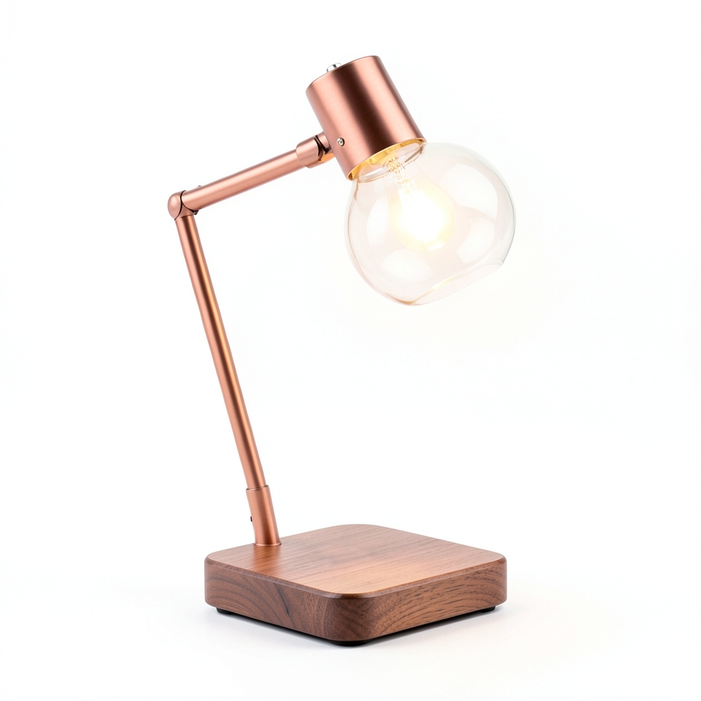 Lampe de bureau cuivre et verre à base de bois