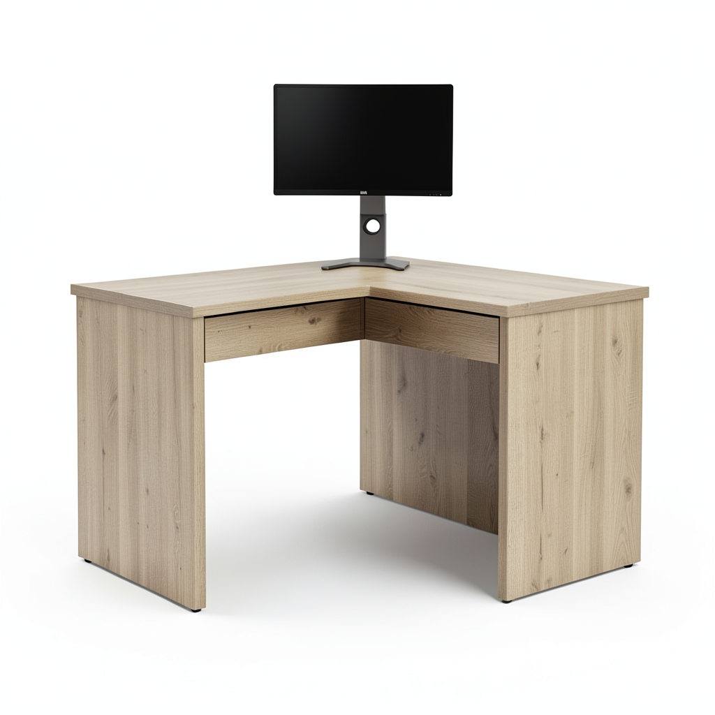 Bureau d'angle en hêtre avec tiroirs et support monitor