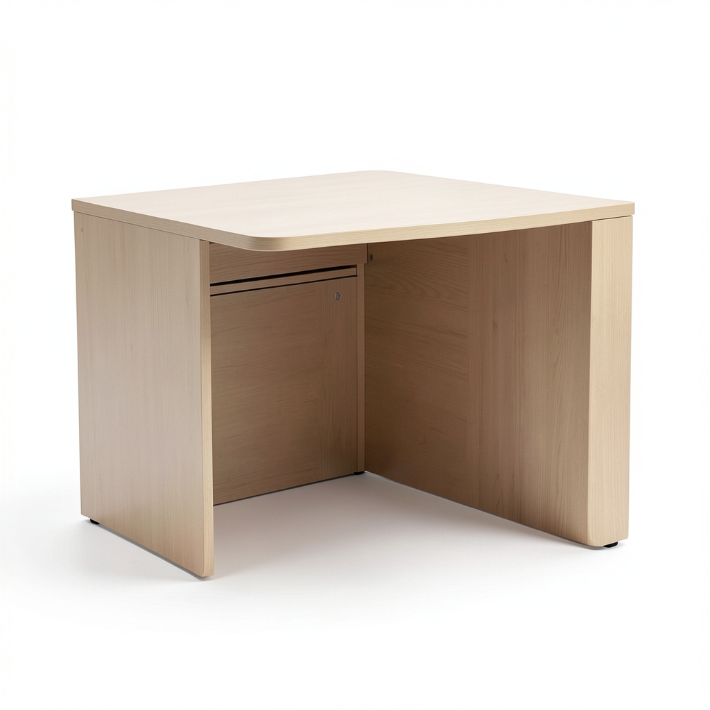 Bureau d'angle compact en bois clair avec tiroirs intégrés
