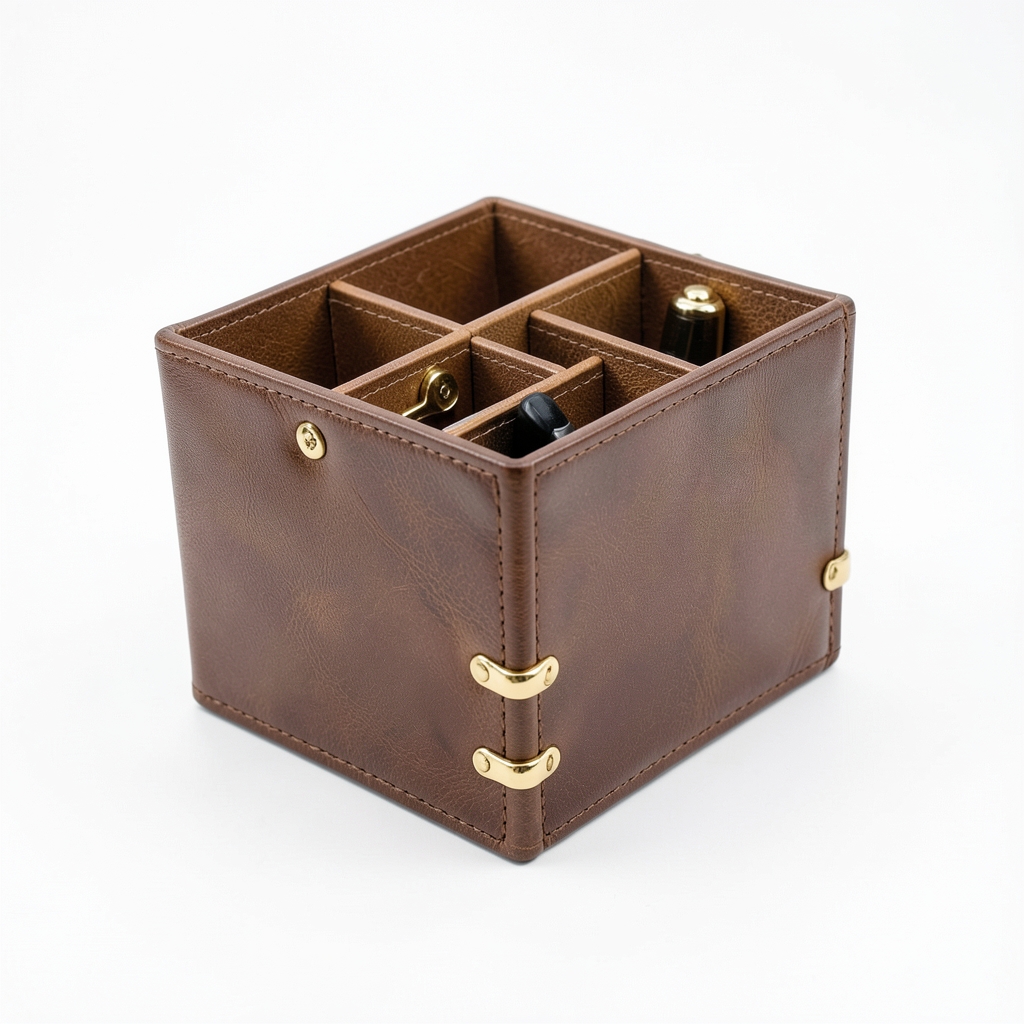 Organisateur de Bureau en Cuir Artisanal avec Accents Dorés