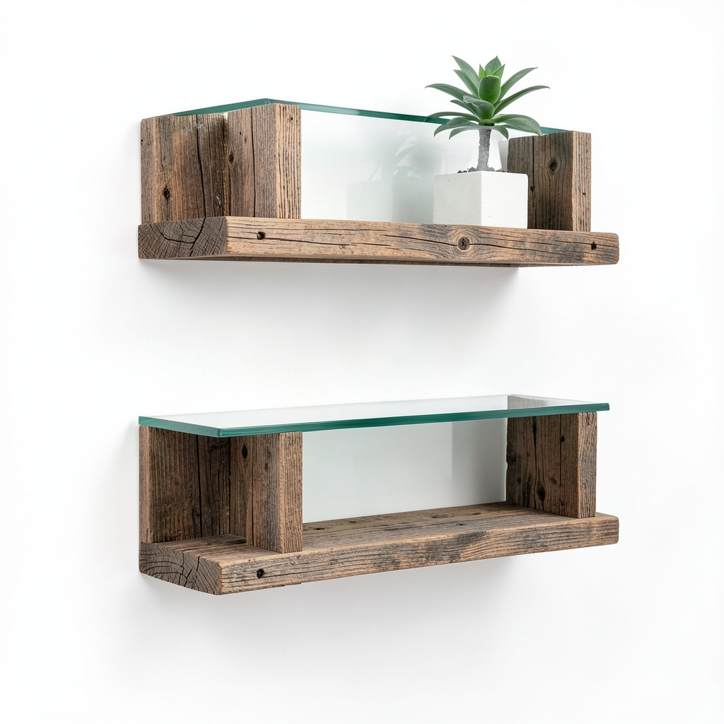 T-Plateaux Muraux en Bois Recyclé et Verre