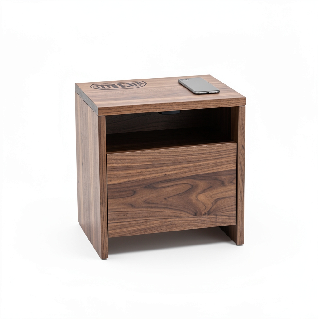 Table de chevet en noyer gravée au laser